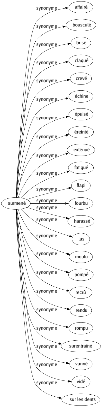 Synonyme de Surmené : Affairé Bousculé Brisé Claqué Crevé Échine Épuisé Éreinté Exténué Fatigué Flapi Fourbu Harassé Las Moulu Pompé Recrû Rendu Rompu Surentraîné Vanné Vidé Sur les dents 