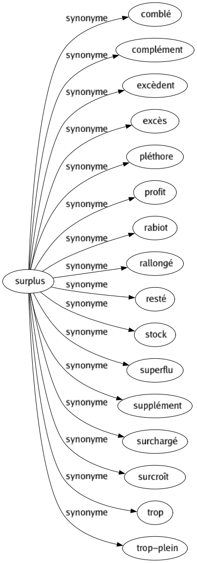 Synonyme de Surplus : Comblé Complément Excèdent Excès Pléthore Profit Rabiot Rallongé Resté Stock Superflu Supplément Surchargé Surcroît Trop Trop-plein 
