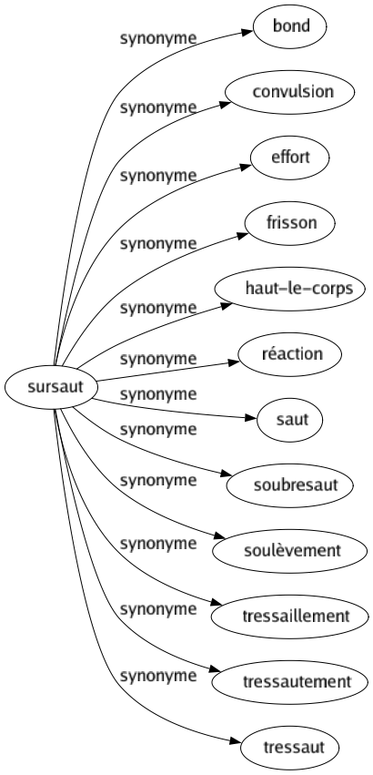 Synonyme de Sursaut : Bond Convulsion Effort Frisson Haut-le-corps Réaction Saut Soubresaut Soulèvement Tressaillement Tressautement Tressaut 