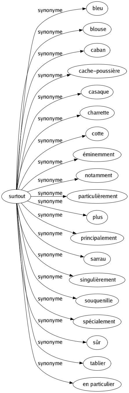 Synonyme de Surtout : Bleu Blouse Caban Cache-poussière Casaque Charrette Cotte Éminemment Notamment Particulièrement Plus Principalement Sarrau Singulièrement Souquenille Spécialement Sûr Tablier En particulier 