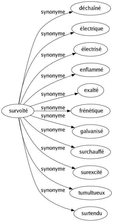 Synonyme de Survolté : Déchaîné Électrique Électrisé Enflammé Exalté Frénétique Galvanisé Surchauffé Surexcité Tumultueux Surtendu 