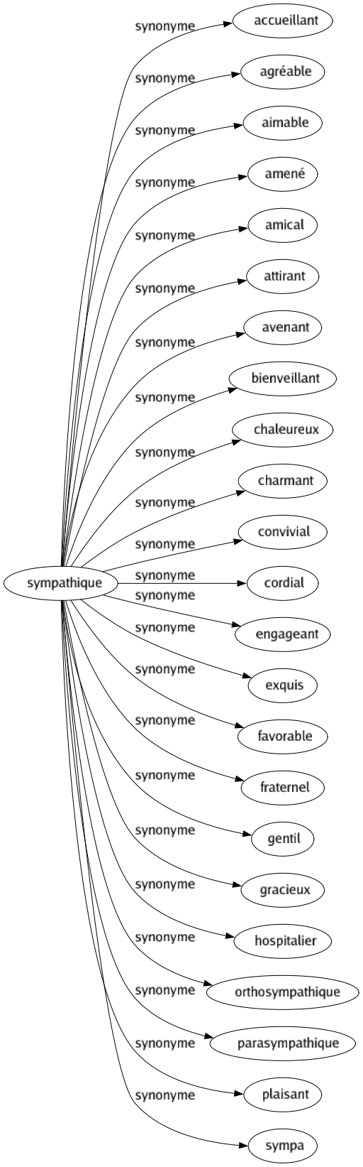 Synonyme de Sympathique : Accueillant Agréable Aimable Amené Amical Attirant Avenant Bienveillant Chaleureux Charmant Convivial Cordial Engageant Exquis Favorable Fraternel Gentil Gracieux Hospitalier Orthosympathique Parasympathique Plaisant Sympa 