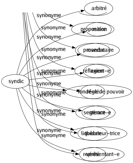 Synonyme de Syndic : Arbitré Maire Mandataire Agent-e Fondé-e de pouvoir Gérant-e Liquidateur-trice Représentant-e 