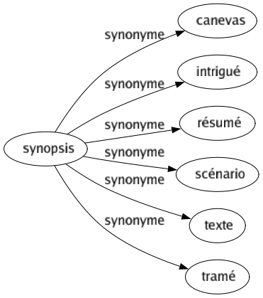 Synonyme de Synopsis : Canevas Intrigué Résumé Scénario Texte Tramé 