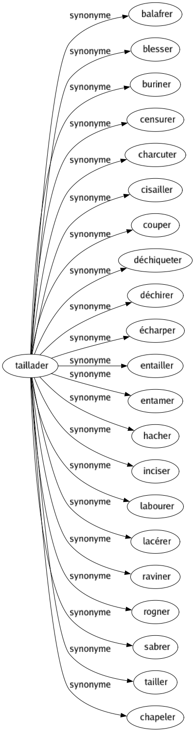 Synonyme de Taillader : Balafrer Blesser Buriner Censurer Charcuter Cisailler Couper Déchiqueter Déchirer Écharper Entailler Entamer Hacher Inciser Labourer Lacérer Raviner Rogner Sabrer Tailler Chapeler 