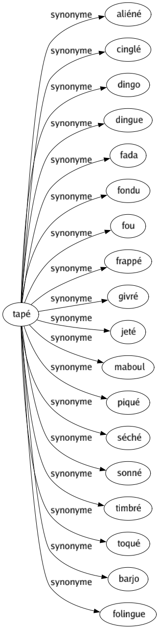 Synonyme de Tapé : Aliéné Cinglé Dingo Dingue Fada Fondu Fou Frappé Givré Jeté Maboul Piqué Séché Sonné Timbré Toqué Barjo Folingue 