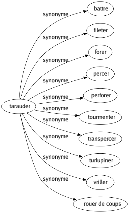 Synonyme de Tarauder : Battre Fileter Forer Percer Perforer Tourmenter Transpercer Turlupiner Vriller Rouer de coups 