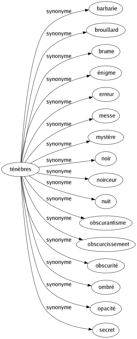 Synonyme de Ténèbres : Barbarie Brouillard Brume Énigme Erreur Messe Mystère Noir Noirceur Nuit Obscurantisme Obscurcissement Obscurité Ombré Opacité Secret 