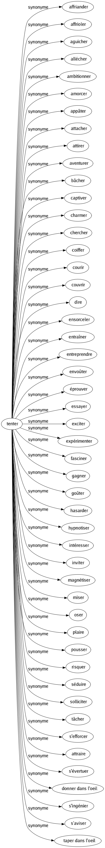 Synonyme de Tenter : Affriander Affrioler Aguicher Allécher Ambitionner Amorcer Appâter Attacher Attirer Aventurer Bâcher Captiver Charmer Chercher Coiffer Courir Couvrir Dire Ensorceler Entraîner Entreprendre Envoûter Éprouver Essayer Exciter Expérimenter Fasciner Gagner Goûter Hasarder Hypnotiser Intéresser Inviter Magnétiser Miser Oser Plaire Pousser Risquer Séduire Solliciter Tâcher S'efforcer Attraire S'évertuer Donner dans l'oeil S'ingénier S'aviser Taper dans l'oeil 