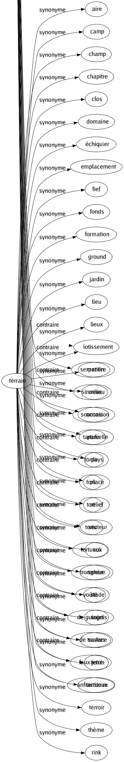 Synonyme de Terrain : Aire Camp Champ Chapitre Clos Domaine Échiquier Emplacement Fief Fonds Formation Ground Jardin Lieu Lieux Lotissement Matière Milieu Occasion Parcelle Pays Placé Relief Secteur Sol Sphère Stade Sujet Surface Terré Territoire Terroir Thème Rink 