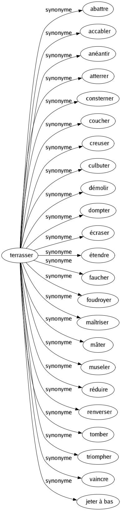 Synonyme de Terrasser : Abattre Accabler Anéantir Atterrer Consterner Coucher Creuser Culbuter Démolir Dompter Écraser Étendre Faucher Foudroyer Maîtriser Mâter Museler Réduire Renverser Tomber Triompher Vaincre Jeter à bas 