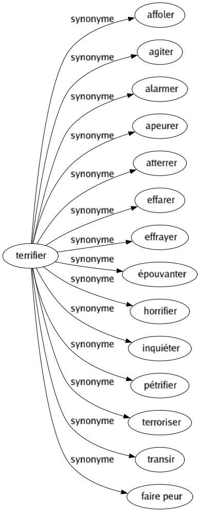 Synonyme de Terrifier : Affoler Agiter Alarmer Apeurer Atterrer Effarer Effrayer Épouvanter Horrifier Inquiéter Pétrifier Terroriser Transir Faire peur 