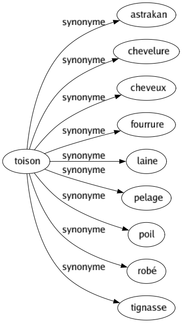 Synonyme de Toison : Astrakan Chevelure Cheveux Fourrure Laine Pelage Poil Robé Tignasse 