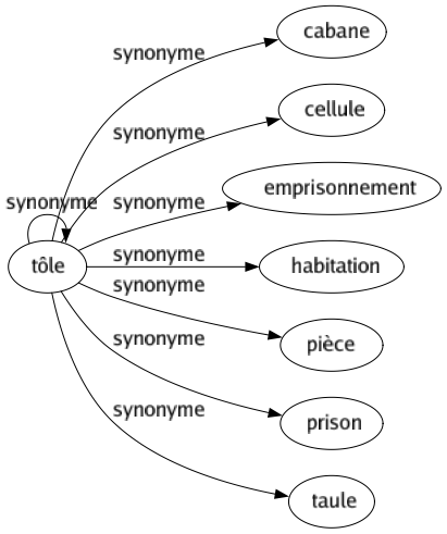 Synonyme de Tôle : Cabane Cellule Emprisonnement Habitation Pièce Prison Taule Tôle 