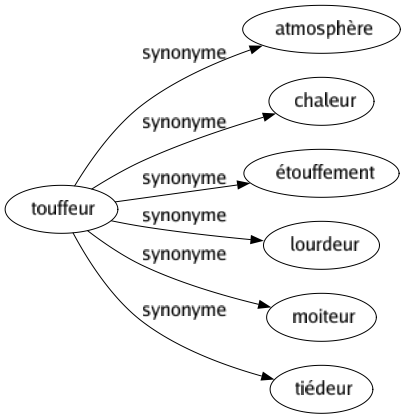 Synonyme de Touffeur : Atmosphère Chaleur Étouffement Lourdeur Moiteur Tiédeur 