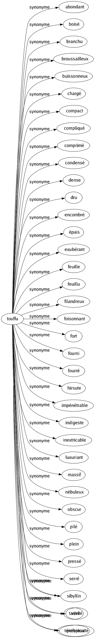 Synonyme de Touffu : Abondant Boisé Branchu Broussailleux Buissonneux Chargé Compact Compliqué Comprimé Condensé Dense Dru Encombré Épais Exubérant Feuille Feuillu Filandreux Foisonnant Fort Fourni Fourré Hirsute Impénétrable Indigeste Inextricable Luxuriant Massif Nébuleux Obscur Pilé Plein Pressé Serré Sibyllin Tassé Ténébreux 