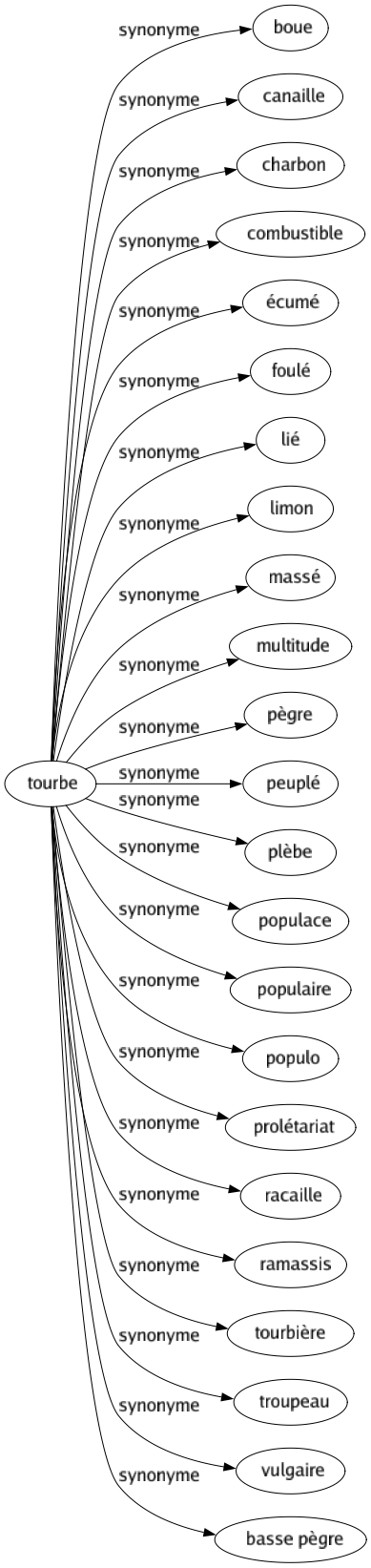 Synonyme de Tourbe : Boue Canaille Charbon Combustible Écumé Foulé Lié Limon Massé Multitude Pègre Peuplé Plèbe Populace Populaire Populo Prolétariat Racaille Ramassis Tourbière Troupeau Vulgaire Basse pègre 