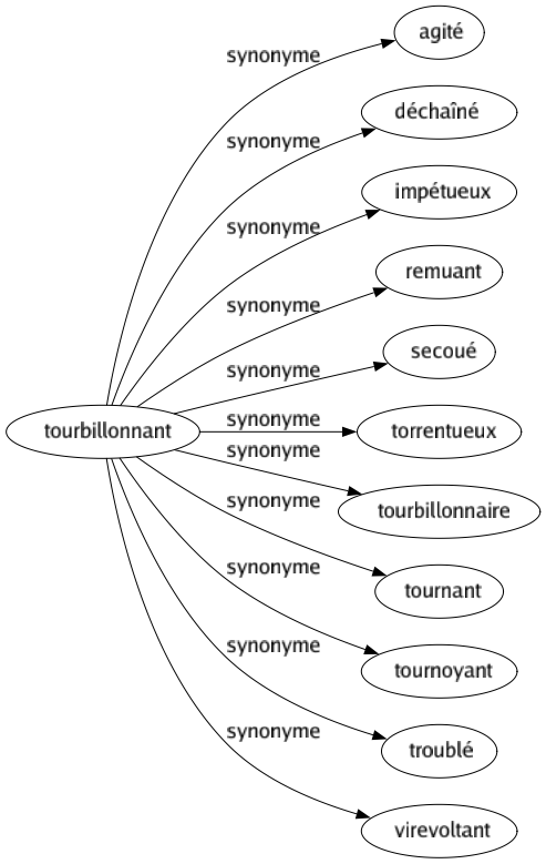 Synonyme de Tourbillonnant : Agité Déchaîné Impétueux Remuant Secoué Torrentueux Tourbillonnaire Tournant Tournoyant Troublé Virevoltant 