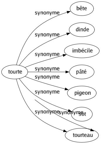 Synonyme de Tourte : Bête Dinde Imbécile Pâté Pigeon Sot Tourteau 