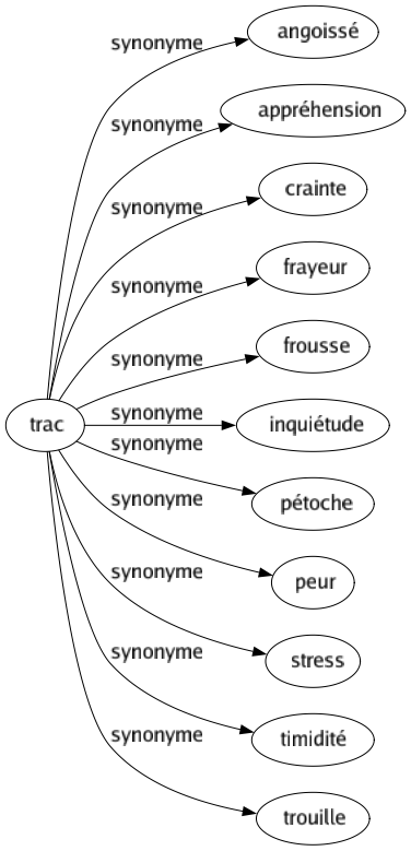 Synonyme de Trac : Angoissé Appréhension Crainte Frayeur Frousse Inquiétude Pétoche Peur Stress Timidité Trouille 