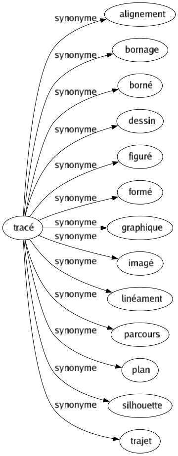 Synonyme de Tracé : Alignement Bornage Borné Dessin Figuré Formé Graphique Imagé Linéament Parcours Plan Silhouette Trajet 
