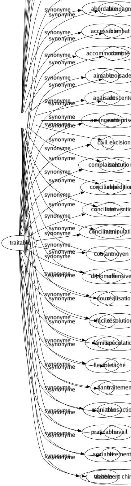 Synonyme de Traitable : Abordable Accessible Accommodant Aimable Apaisant Arrangeant Civil Complaisant Conciliable Conciliant Conciliateur Coulant Diplomate Doux Facile Familier Flexible Liant Maniable Praticable Sociable Vivable 