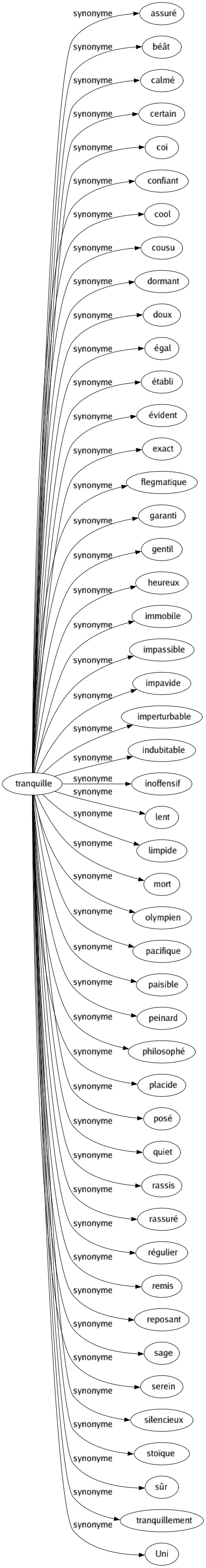 Synonyme de Tranquille : Assuré Béât Calmé Certain Coi Confiant Cool Cousu Dormant Doux Égal Établi Évident Exact Flegmatique Garanti Gentil Heureux Immobile Impassible Impavide Imperturbable Indubitable Inoffensif Lent Limpide Mort Olympien Pacifique Paisible Peinard Philosophé Placide Posé Quiet Rassis Rassuré Régulier Remis Reposant Sage Serein Silencieux Stoïque Sûr Tranquillement Uni 