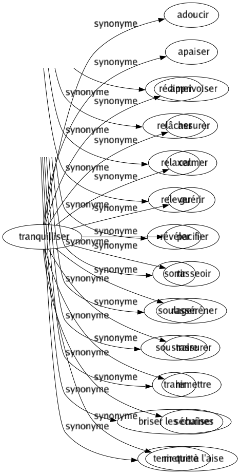 Synonyme de Tranquilliser : Adoucir Apaiser Apprivoiser Assurer Calmer Guérir Pacifier Rasseoir Rasséréner Rassurer Remettre Sécuriser Mettre à l'aise 