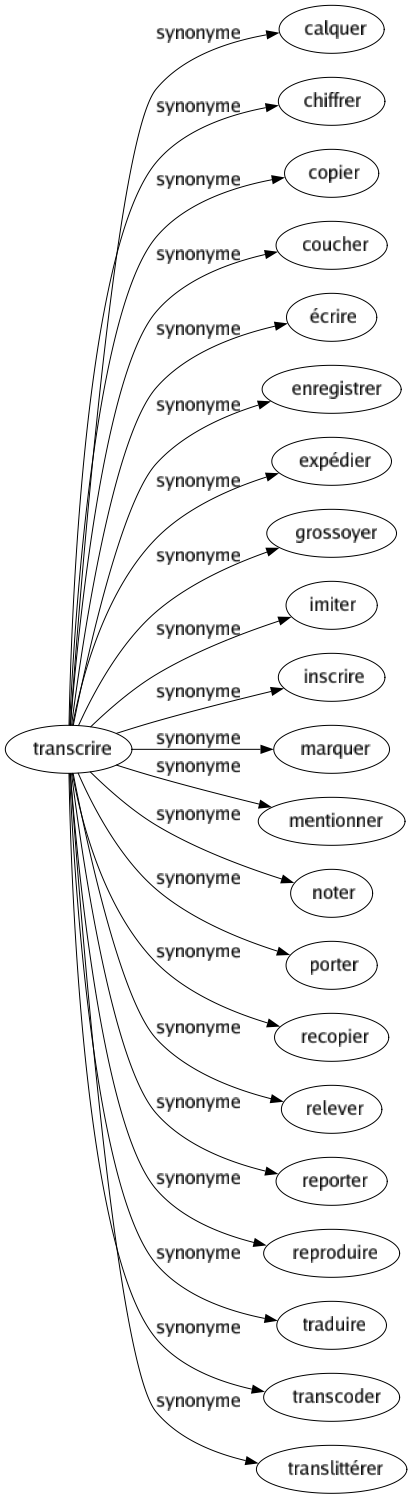 Synonyme de Transcrire : Calquer Chiffrer Copier Coucher Écrire Enregistrer Expédier Grossoyer Imiter Inscrire Marquer Mentionner Noter Porter Recopier Relever Reporter Reproduire Traduire Transcoder Translittérer 