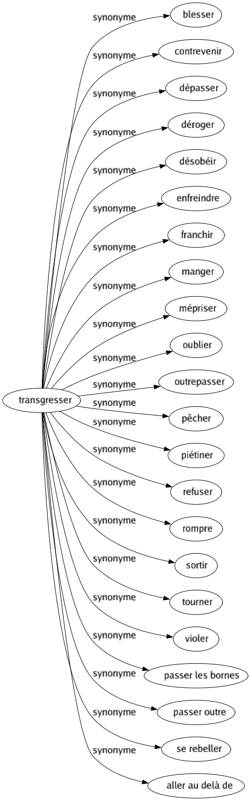 Synonyme de Transgresser : Blesser Contrevenir Dépasser Déroger Désobéir Enfreindre Franchir Manger Mépriser Oublier Outrepasser Pêcher Piétiner Refuser Rompre Sortir Tourner Violer Passer les bornes Passer outre Se rebeller Aller au delà de 