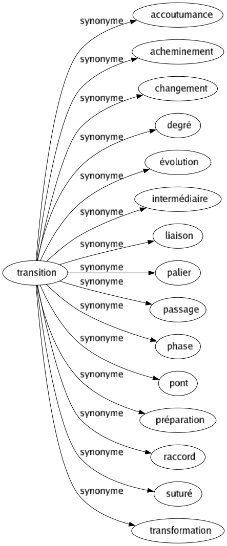 Synonyme de Transition : Accoutumance Acheminement Changement Degré Évolution Intermédiaire Liaison Palier Passage Phase Pont Préparation Raccord Suturé Transformation 