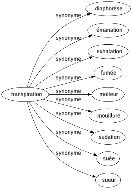 Synonyme de Transpiration : Diaphorèse Émanation Exhalation Fumée Moiteur Mouillure Sudation Suée Sueur 