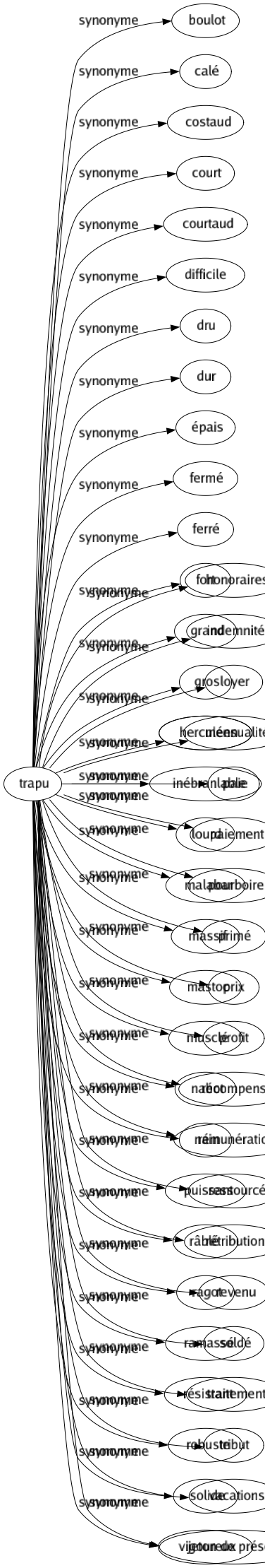 Synonyme de Trapu : Boulot Calé Costaud Court Courtaud Difficile Dru Dur Épais Fermé Ferré Fort Grand Gros Herculéen Inébranlable Lourd Malabar Massif Mastoc Musclé Nabot Nain Puissant Râblé Ragot Ramassé Résistant Robuste Solide Vigoureux 
