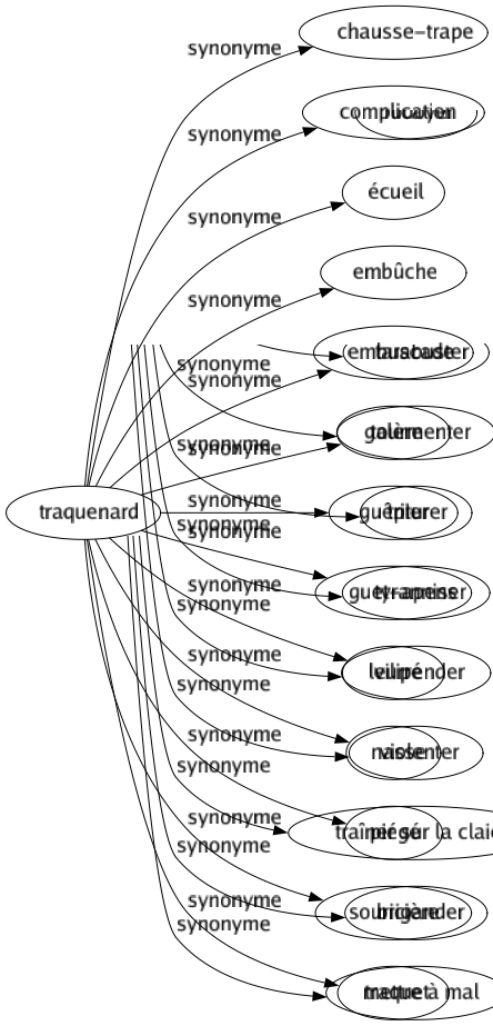 Synonyme de Traquenard : Chausse-trape Complication Écueil Embûche Embuscade Galère Guêpier Guet-apens Leurré Nasse Piégé Souricière Traquet 