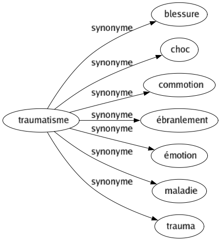 Synonyme de Traumatisme : Blessure Choc Commotion Ébranlement Émotion Maladie Trauma 
