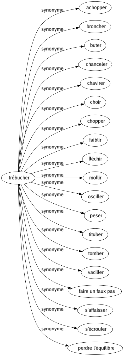 Synonyme de Trébucher : Achopper Broncher Buter Chanceler Chavirer Choir Chopper Faiblir Fléchir Mollir Osciller Peser Tituber Tomber Vaciller Faire un faux pas S'affaisser S'écrouler Perdre l'équilibre 
