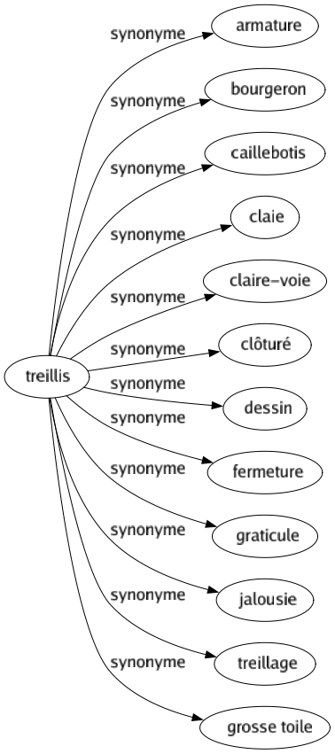 Synonyme de Treillis : Armature Bourgeron Caillebotis Claie Claire-voie Clôturé Dessin Fermeture Graticule Jalousie Treillage Grosse toile 