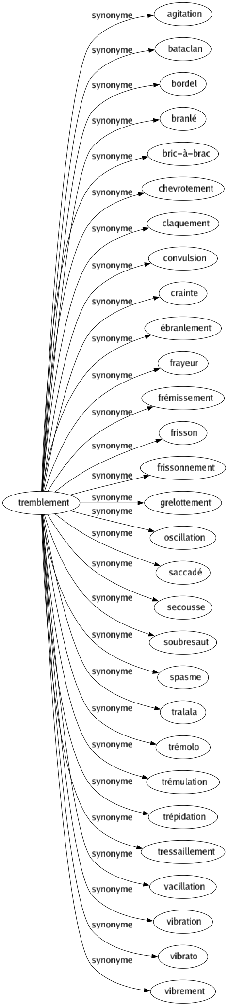 Synonyme de Tremblement : Agitation Bataclan Bordel Branlé Bric-à-brac Chevrotement Claquement Convulsion Crainte Ébranlement Frayeur Frémissement Frisson Frissonnement Grelottement Oscillation Saccadé Secousse Soubresaut Spasme Tralala Trémolo Trémulation Trépidation Tressaillement Vacillation Vibration Vibrato Vibrement 