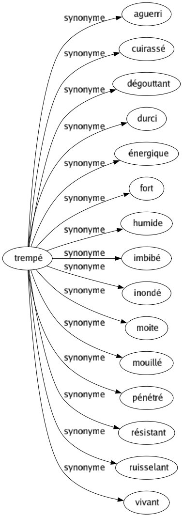Synonyme de Trempé : Aguerri Cuirassé Dégouttant Durci Énergique Fort Humide Imbibé Inondé Moite Mouillé Pénétré Résistant Ruisselant Vivant 