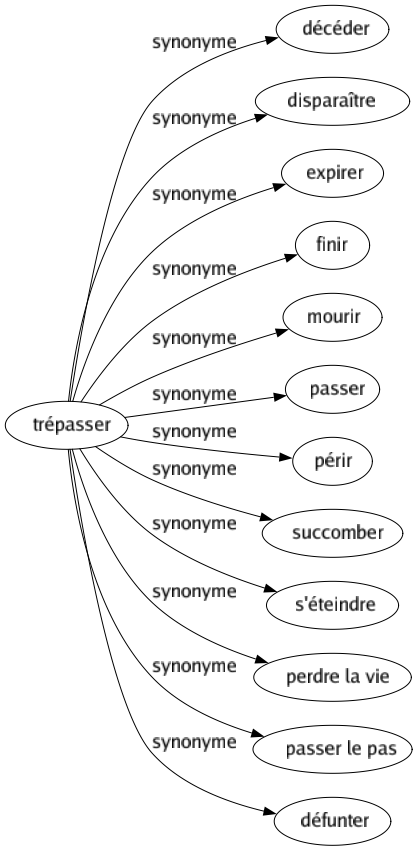 Synonyme de Trépasser : Décéder Disparaître Expirer Finir Mourir Passer Périr Succomber S'éteindre Perdre la vie Passer le pas Défunter 