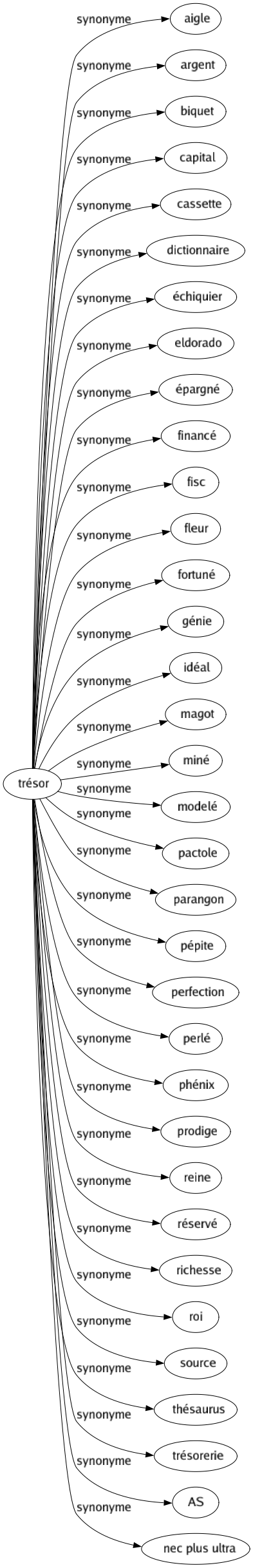 Synonyme de Trésor : Aigle Argent Biquet Capital Cassette Dictionnaire Échiquier Eldorado Épargné Financé Fisc Fleur Fortuné Génie Idéal Magot Miné Modelé Pactole Parangon Pépite Perfection Perlé Phénix Prodige Reine Réservé Richesse Roi Source Thésaurus Trésorerie As Nec plus ultra 