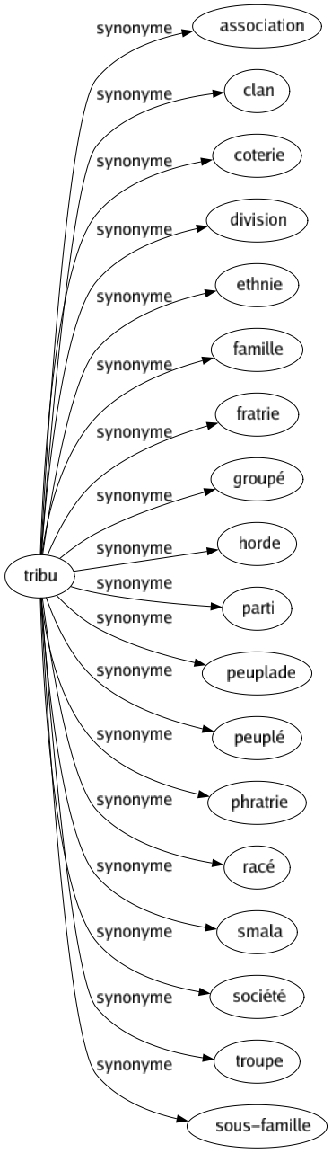 Synonyme de Tribu : Association Clan Coterie Division Ethnie Famille Fratrie Groupé Horde Parti Peuplade Peuplé Phratrie Racé Smala Société Troupe Sous-famille 
