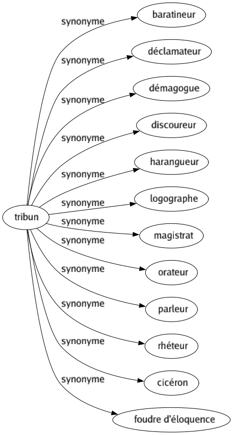 Synonyme de Tribun : Baratineur Déclamateur Démagogue Discoureur Harangueur Logographe Magistrat Orateur Parleur Rhéteur Cicéron Foudre d'éloquence 