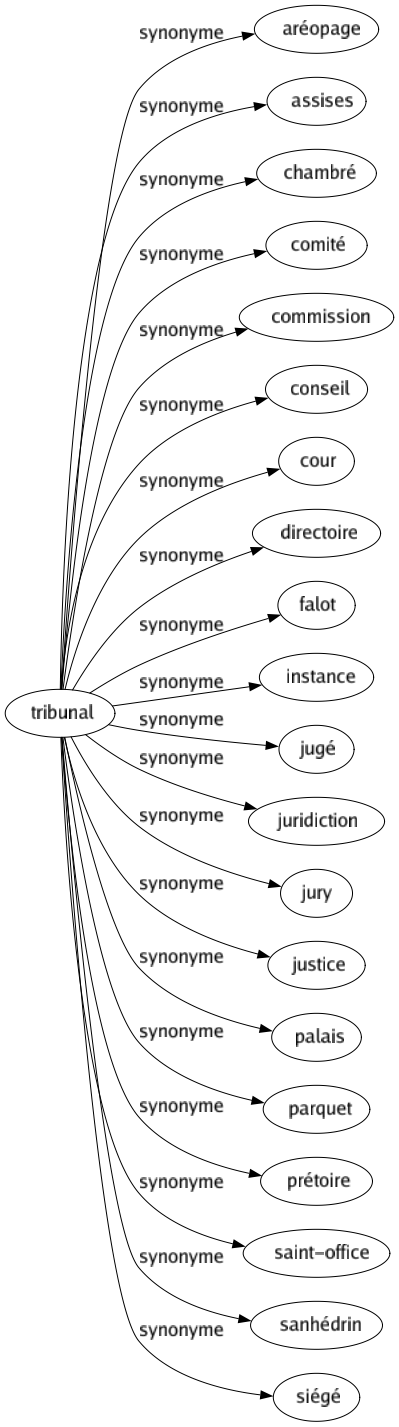 Synonyme de Tribunal : Aréopage Assises Chambré Comité Commission Conseil Cour Directoire Falot Instance Jugé Juridiction Jury Justice Palais Parquet Prétoire Saint-office Sanhédrin Siégé 