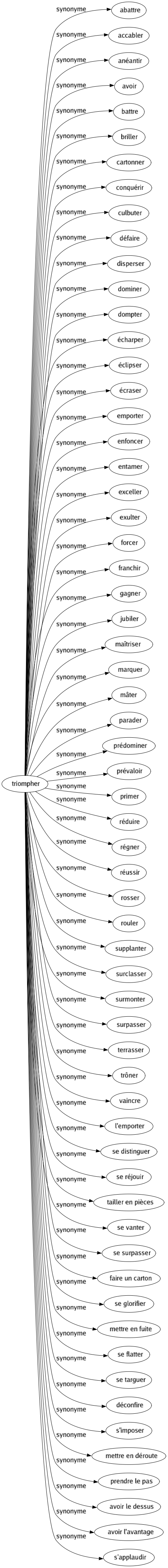Synonyme de Triompher : Abattre Accabler Anéantir Avoir Battre Briller Cartonner Conquérir Culbuter Défaire Disperser Dominer Dompter Écharper Éclipser Écraser Emporter Enfoncer Entamer Exceller Exulter Forcer Franchir Gagner Jubiler Maîtriser Marquer Mâter Parader Prédominer Prévaloir Primer Réduire Régner Réussir Rosser Rouler Supplanter Surclasser Surmonter Surpasser Terrasser Trôner Vaincre L'emporter Se distinguer Se réjouir Tailler en pièces Se vanter Se surpasser Faire un carton Se glorifier Mettre en fuite Se flatter Se targuer Déconfire S'imposer Mettre en déroute Prendre le pas Avoir le dessus Avoir l'avantage S'applaudir 
