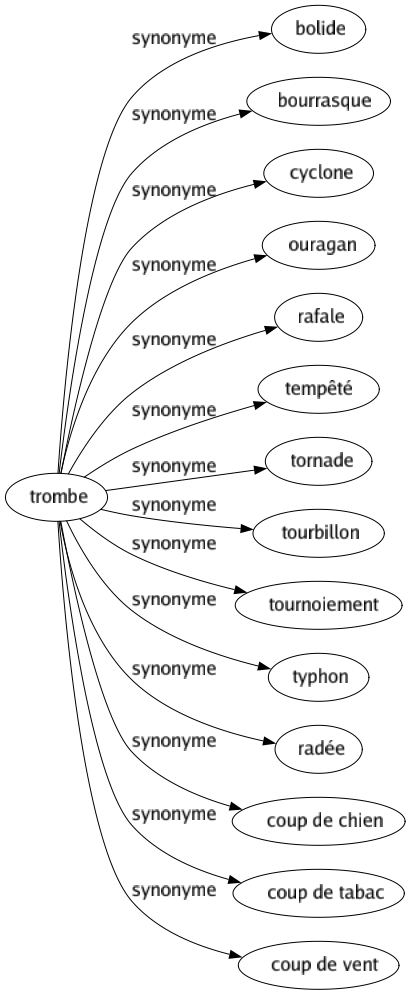 Synonyme de Trombe : Bolide Bourrasque Cyclone Ouragan Rafale Tempêté Tornade Tourbillon Tournoiement Typhon Radée Coup de chien Coup de tabac Coup de vent 