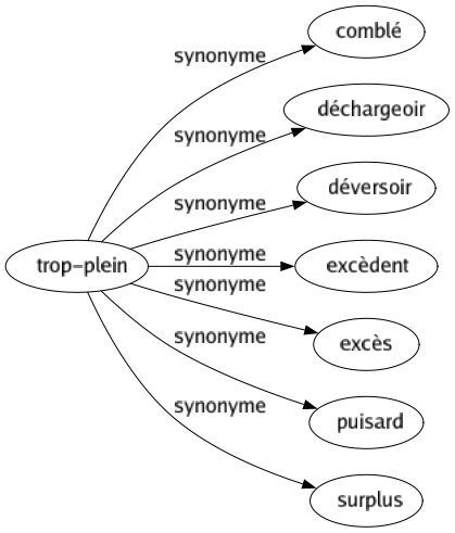 Synonyme de Trop-plein : Comblé Déchargeoir Déversoir Excèdent Excès Puisard Surplus 