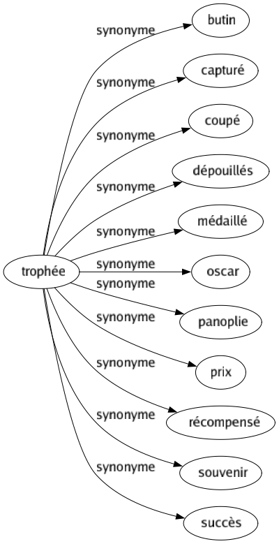 Synonyme de Trophée : Butin Capturé Coupé Dépouillés Médaillé Oscar Panoplie Prix Récompensé Souvenir Succès 
