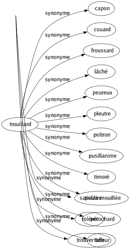 Synonyme de Trouillard : Capon Couard Froussard Lâché Peureux Pleutre Poltron Pusillanime Timoré Poule mouillée Pétochard Taffeur 