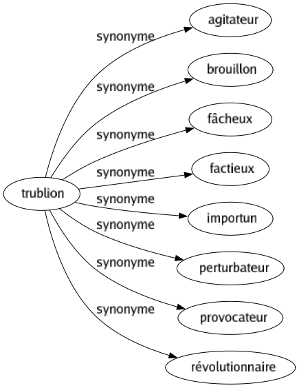 Synonyme de Trublion : Agitateur Brouillon Fâcheux Factieux Importun Perturbateur Provocateur Révolutionnaire 